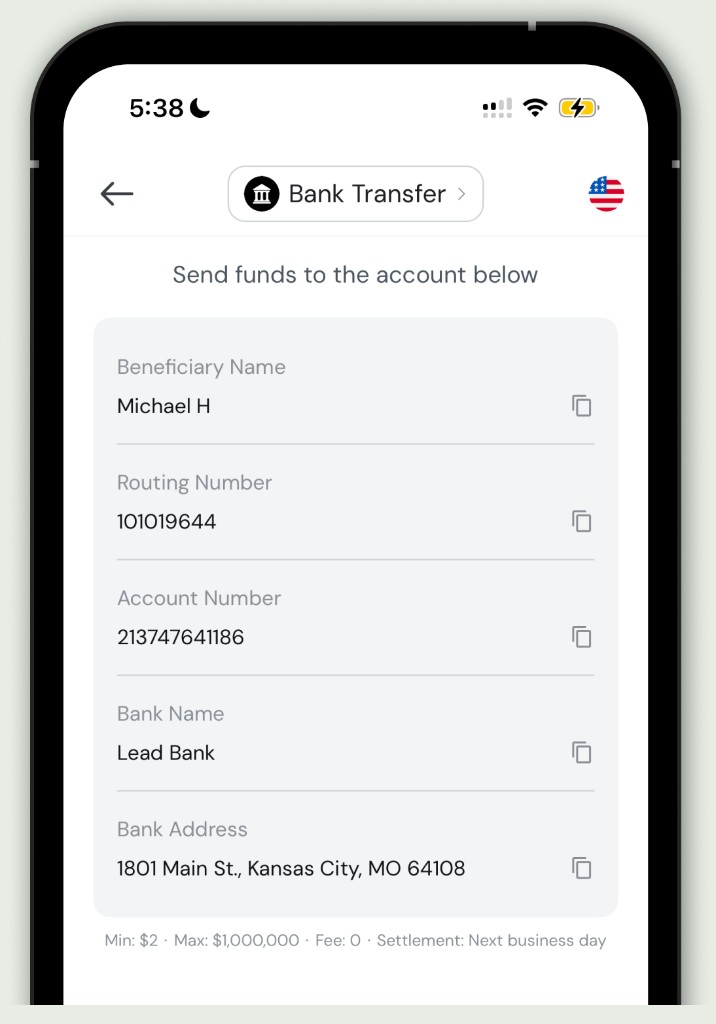 US bank transfer deposit instructions